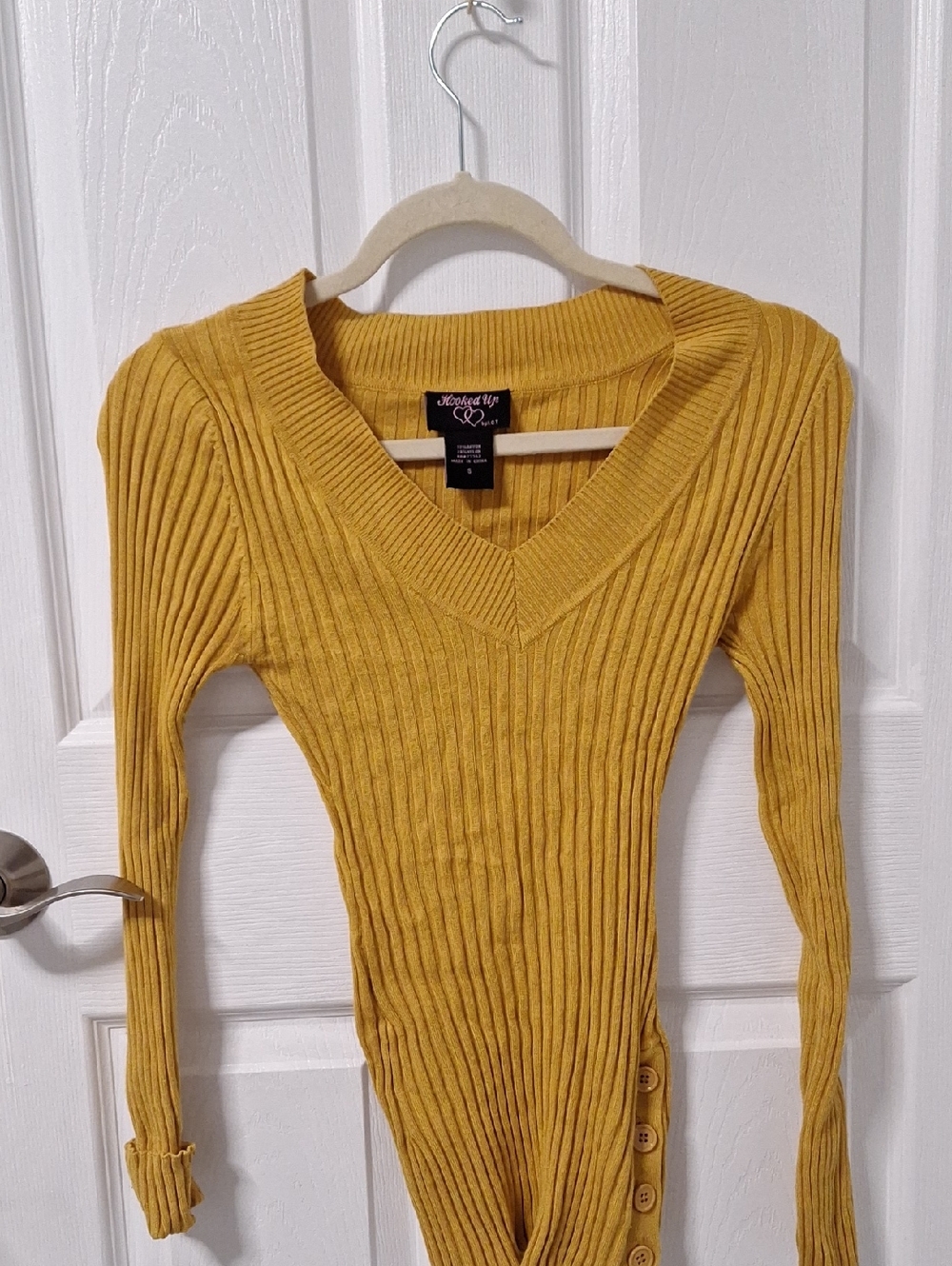 Mustard Ribbed V-Neck Button-Side Knit Top